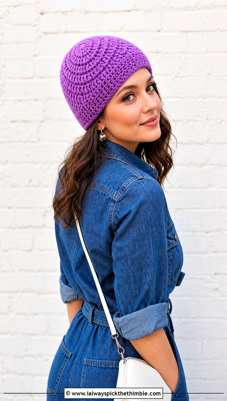 Spiral Top Crochet Beanie With Denim Jumpsuit And Sneakers - 15 Easy Crochet Projects Beanie outfit ideas
