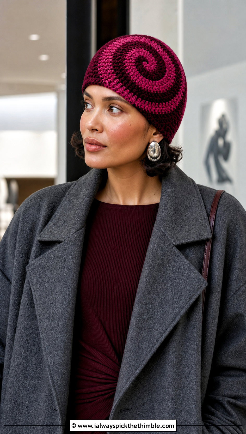 Spiral Two Color Crochet Beanie With Knit Dress - 20 two color crochet beanie outfit ideas