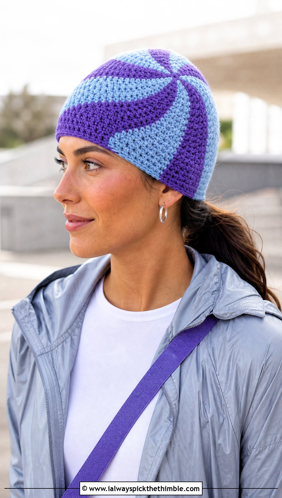 Spiral Two Tone Crochet Beanie With Sporty Layers - 15 two tone crochet beanie outfit ideas