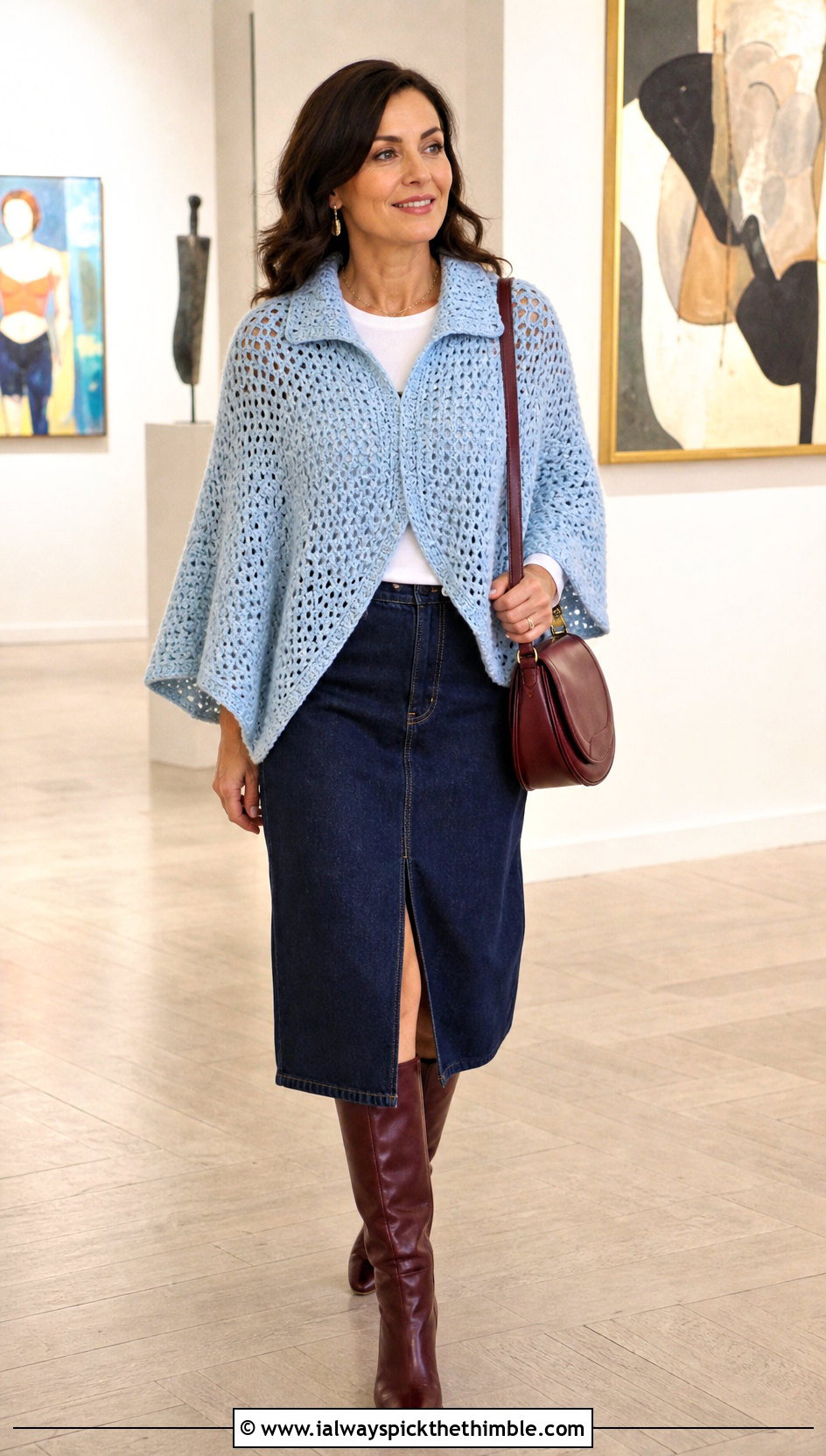 Split Collar Crochet Poncho With Denim Midi Skirt - 20 Crochet Poncho With Collar outfit ideas