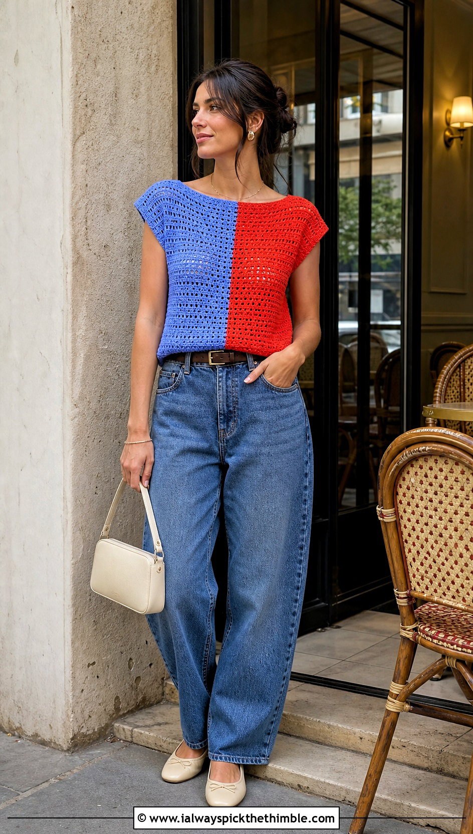 Split Color Boat Neck Crochet Top With Barrel Jeans - 20 Split Color Crochet Top outfit ideas