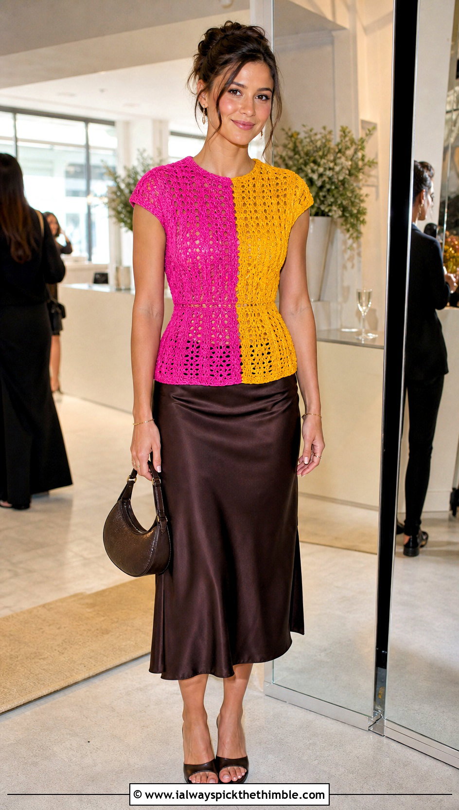 Split Color Cap Sleeve Crochet Top With Slip Skirt - 20 Split Color Crochet Top outfit ideas