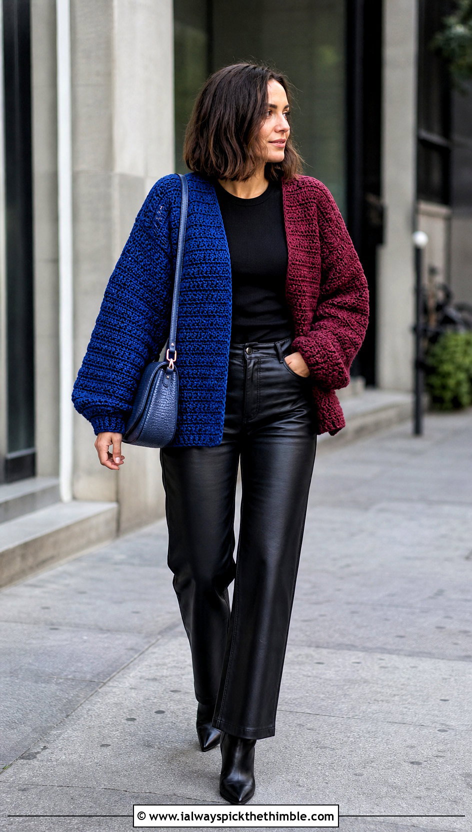Split Color Crochet Cardigan With Leather Pants - 20 two color crochet cardigan outfit ideas