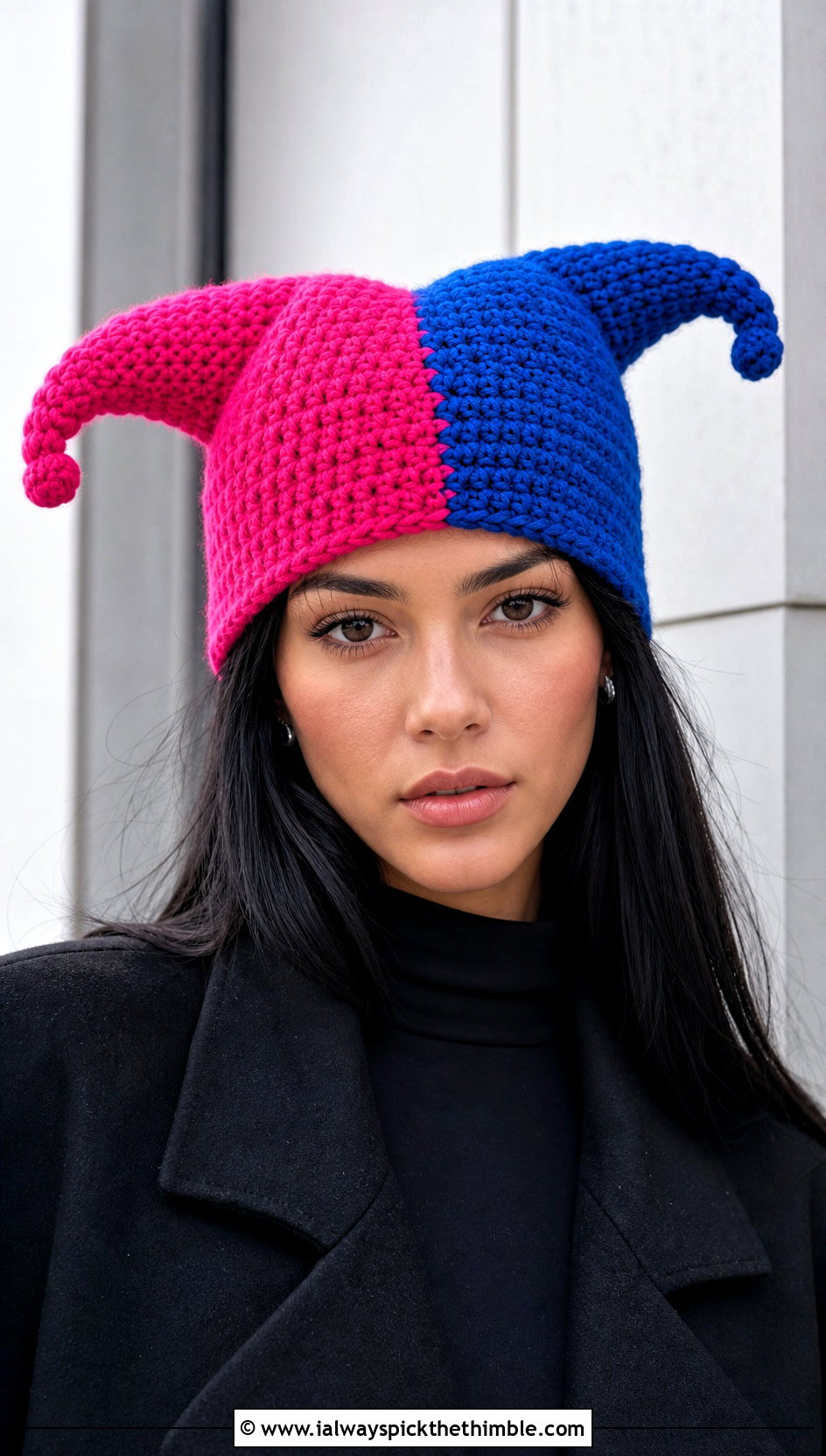 Split Color Crochet Jester Hat With Monochrome Outfit - 25 crochet jester hat outfit ideas