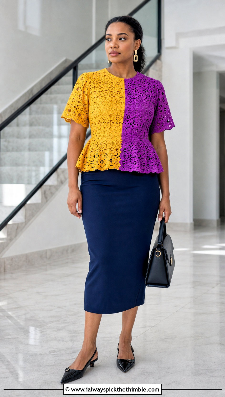 Split Color Crochet Peplum Top With Pencil Skirt - 20 Split Color Crochet Top outfit ideas