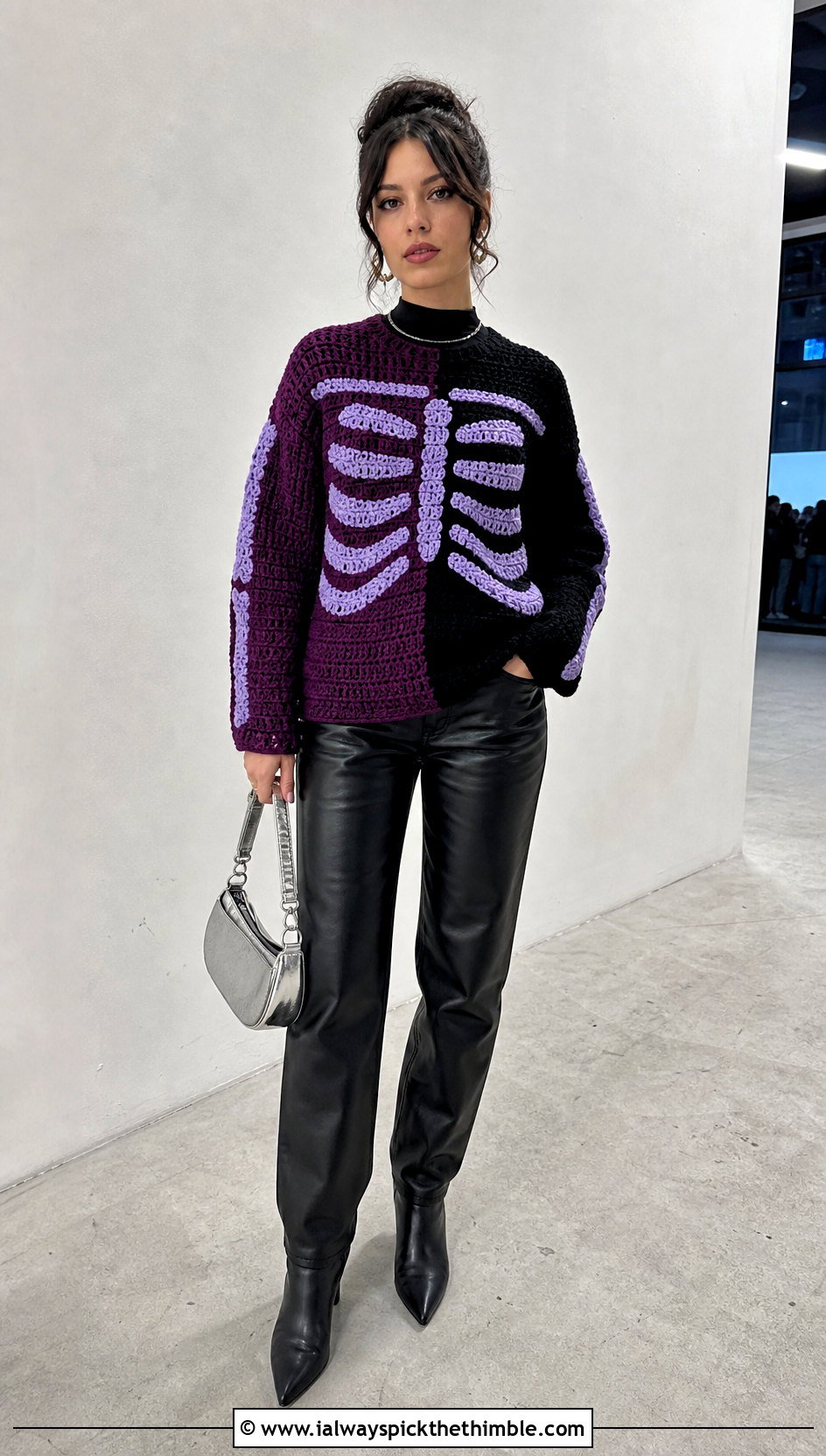 Split Color Crochet Skeleton Sweater With Leather Pants - 20 Crochet Skeleton Sweater outfit ideas