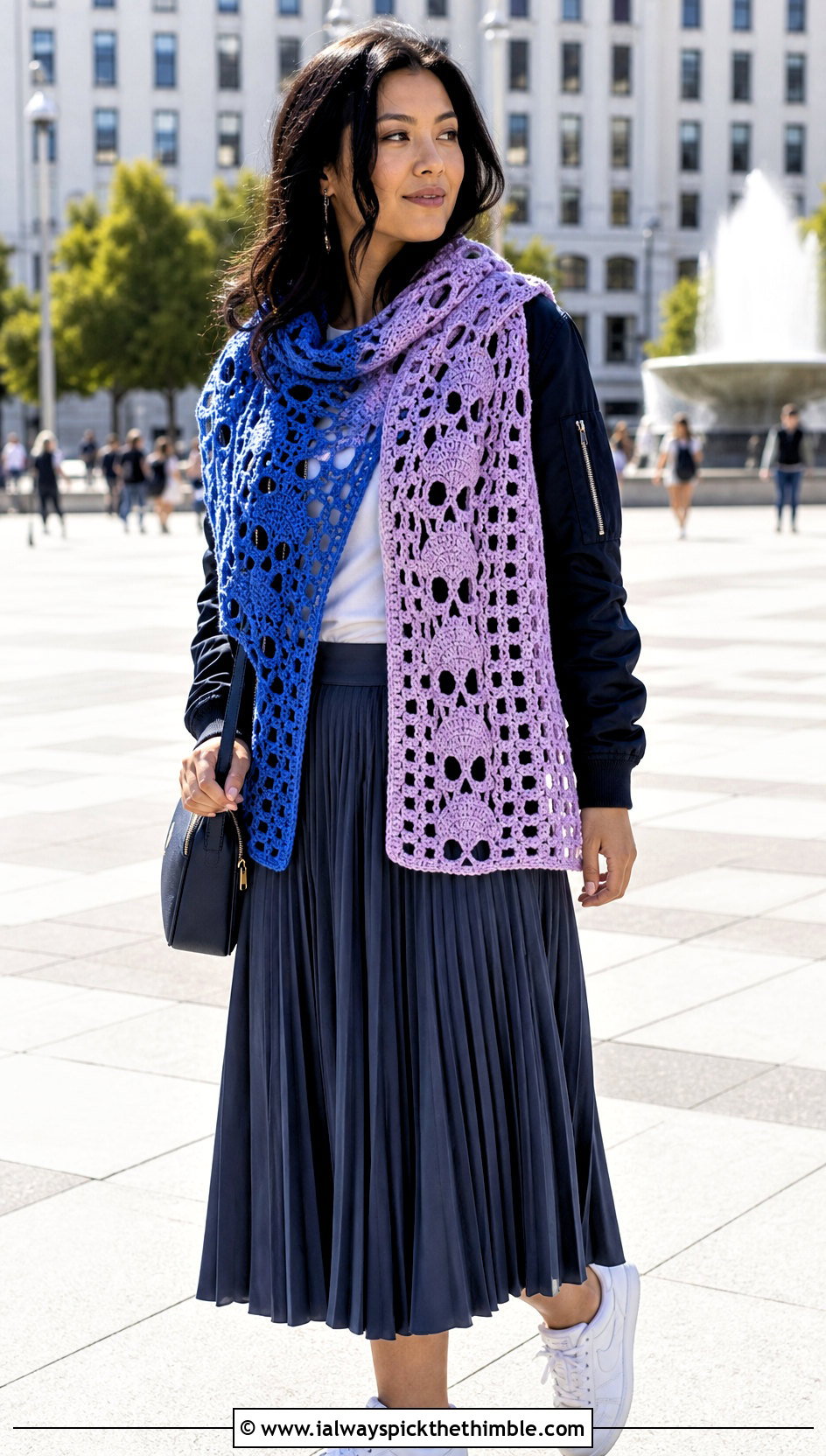 Split Color Crochet Skull Shawl With Bomber Jacket And Pleated Skirt - 25 crochet skull shawl outfit ideas