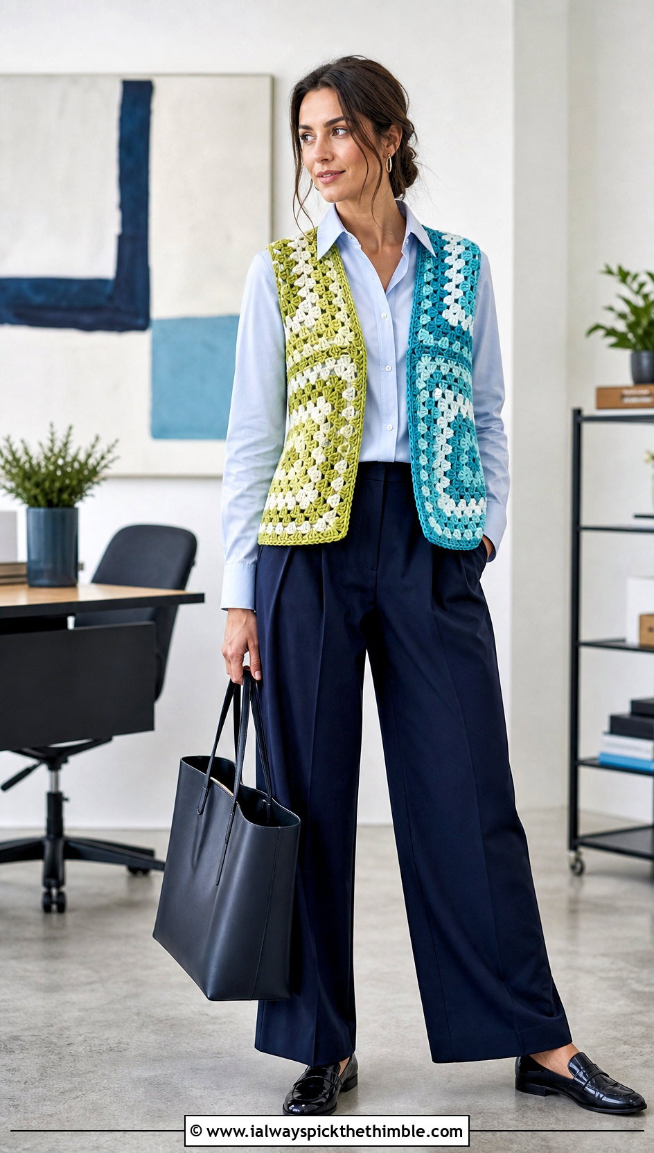 Split Color Granny Square Vest With Pleated Trousers - 20 Split Color Crochet Top outfit ideas