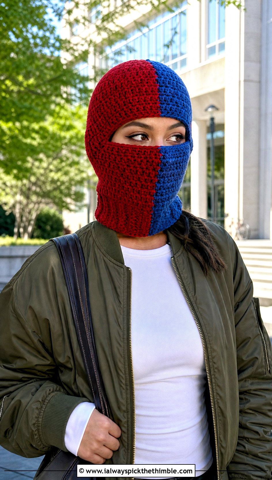 Split Color Helmet Balaclava With Bomber Jacket - 20 crochet helmet balaclava outfit ideas