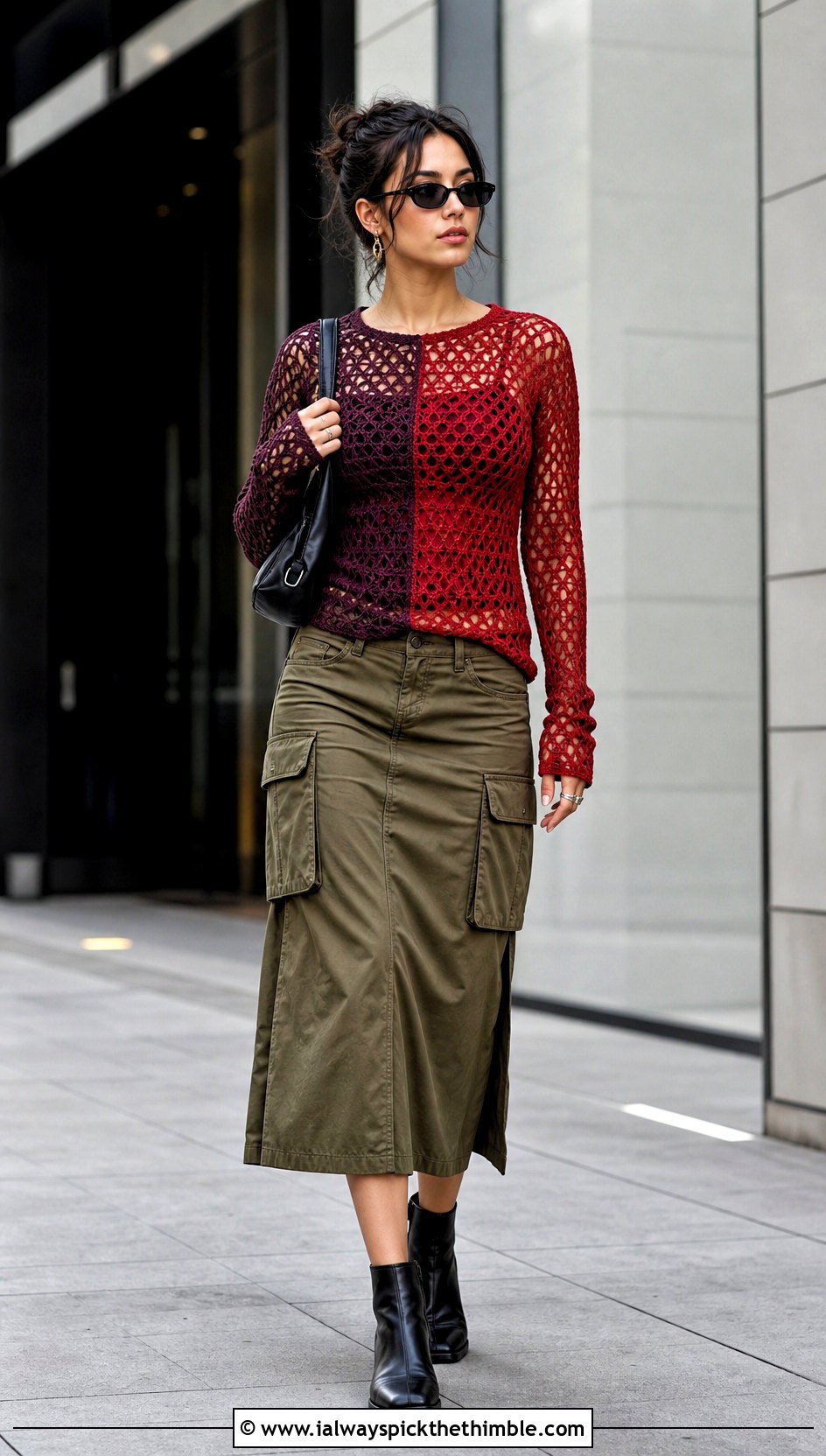 Split Color Mesh Crochet Top With Cargo Midi Skirt - 20 Split Color Crochet Top outfit ideas