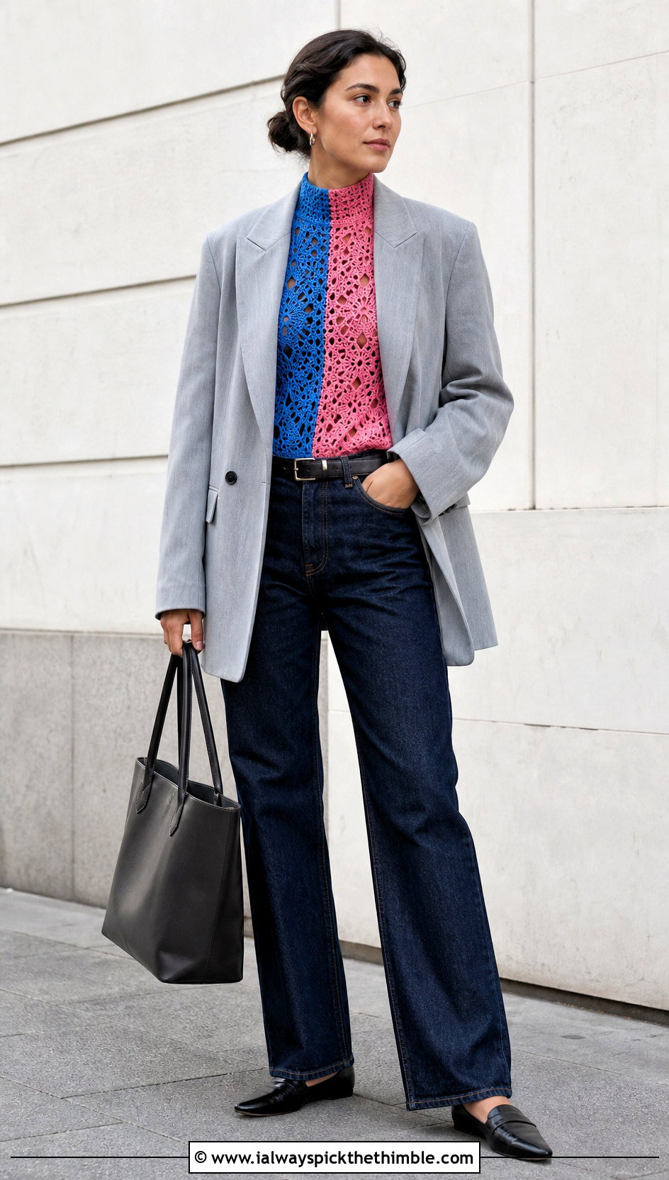 Split Color Mock Neck Crochet Top With Blazer And Jeans - 20 Split Color Crochet Top outfit ideas