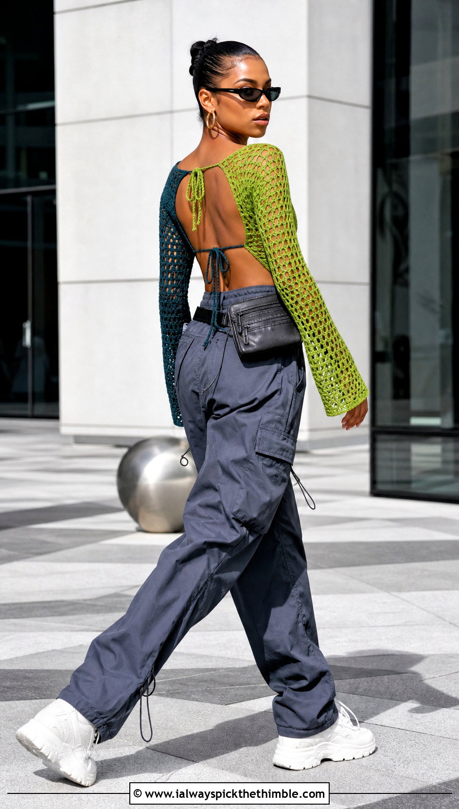Split Color Open Back Crochet Top With Parachute Pants - 20 Split Color Crochet Top outfit ideas
