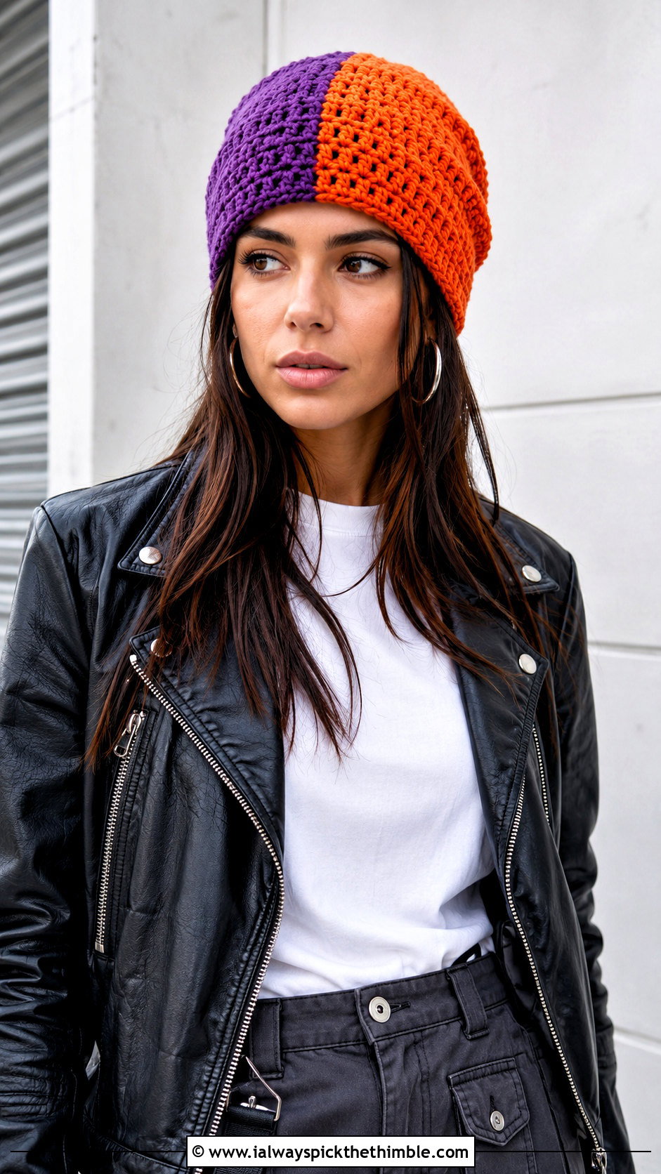 Split Color Slouchy Crochet Beanie With Leather Jacket - 20 2 color crochet beanie hat outfit ideas