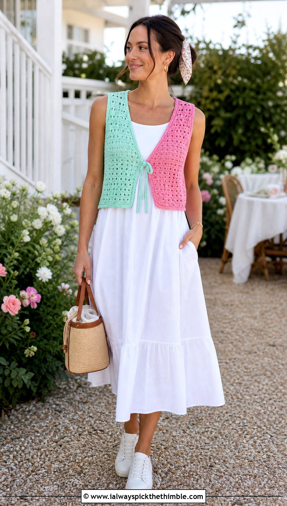 Split Color Tie Front Crochet Top Over A Poplin Dress - 20 Split Color Crochet Top outfit ideas