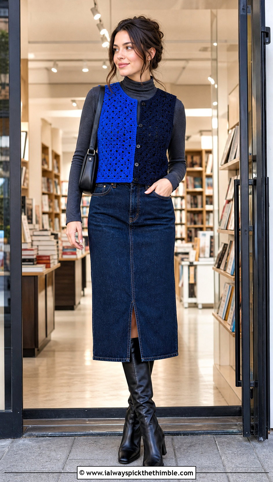 Split Color Wednesday Crochet Vest With Denim Midi Skirt - 20 wednesday crochet vest outfit ideas