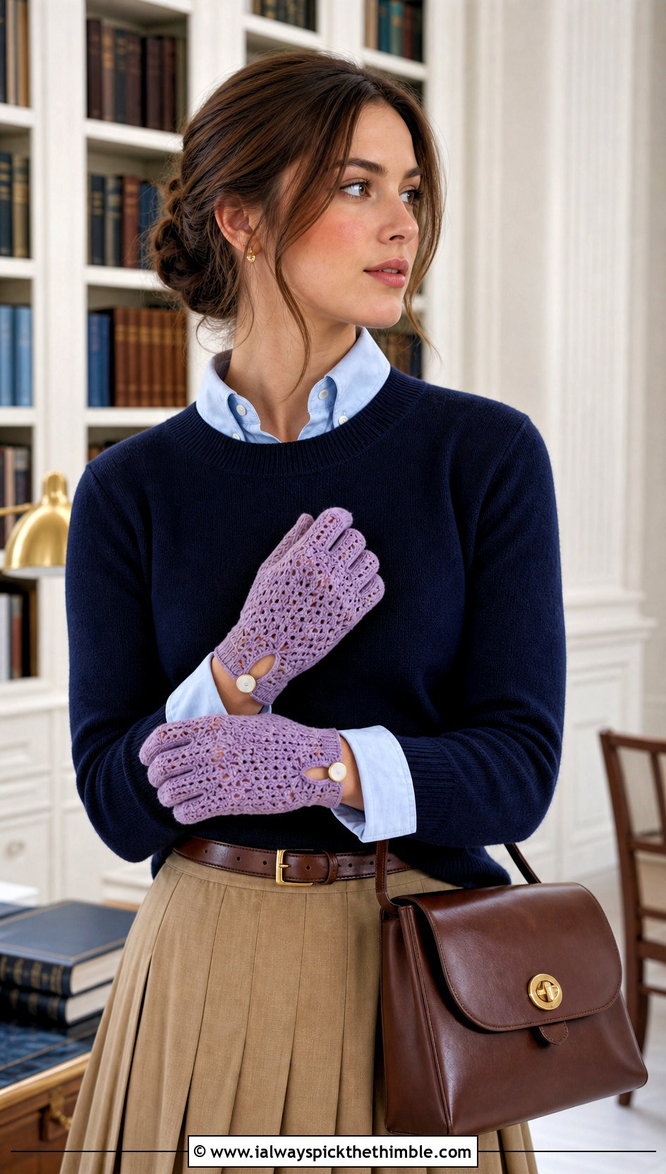 Split Cuff Crochet Driving Gloves With Preppy Layers - 20 Crochet Driving Gloves outfit ideas