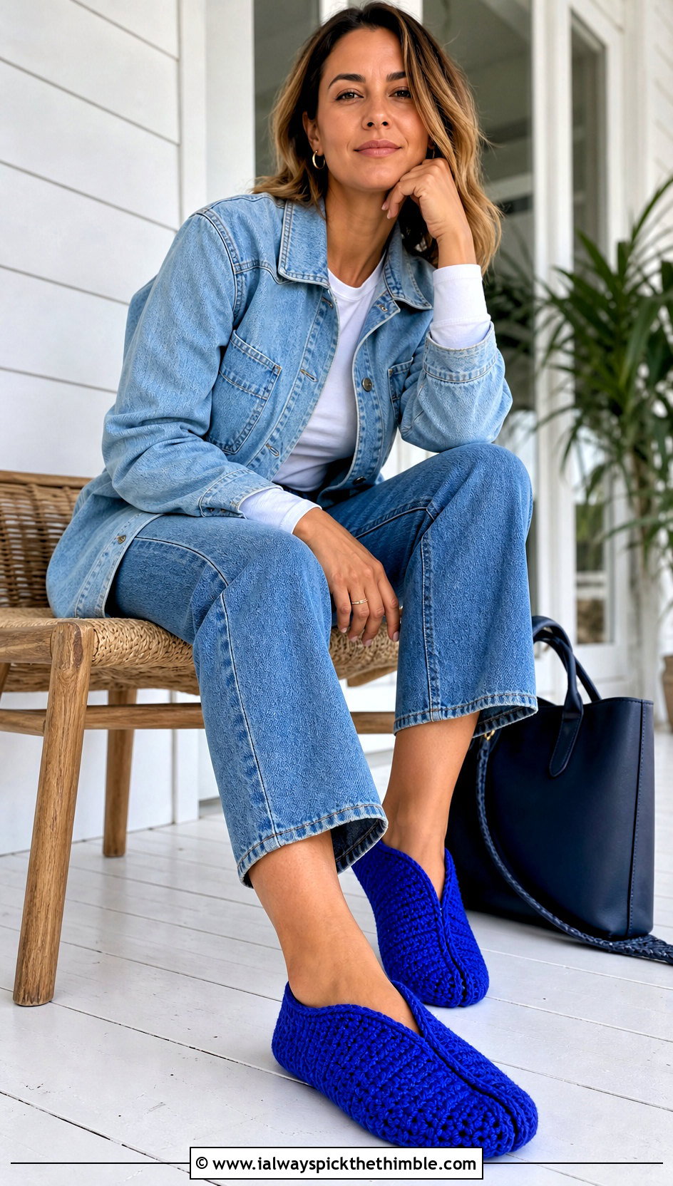 Split Cuff Crochet Slippers With Straight Leg Jeans - 20 Folded Crochet Slippers outfit ideas