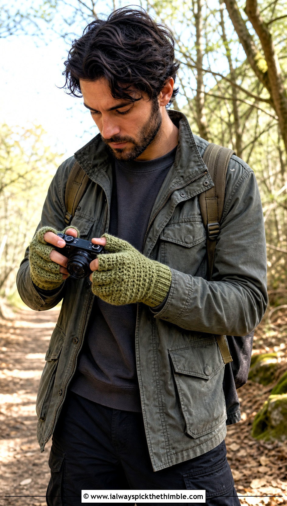 Split Finger Crochet Mittens With Utility Jacket - 20 Crochet Mens Mittens outfit ideas