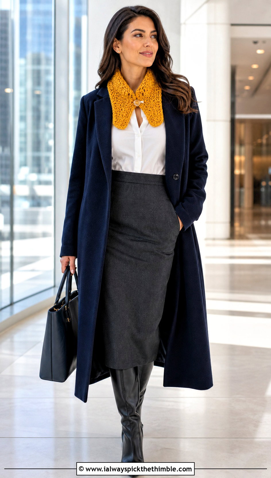 Split Front Chunky Yarn Crochet Cowl With Shirt And Pencil Skirt - 20 Chunky Yarn Crochet Cowl outfit ideas