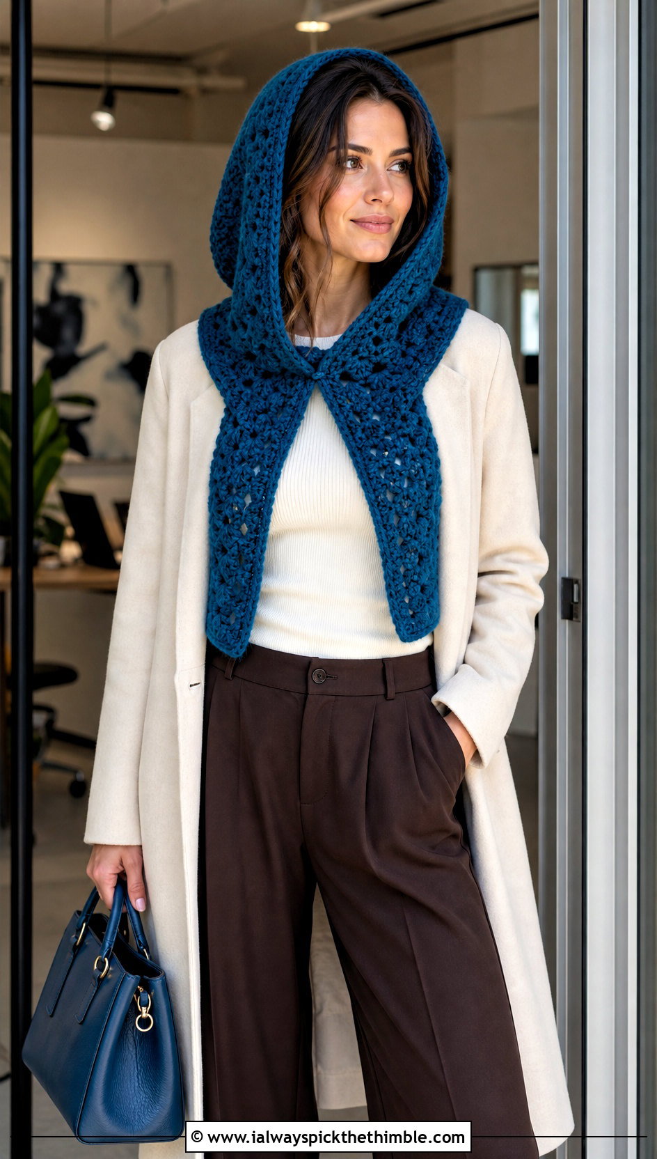 Split Front Crochet Cowl Hood With Wide Leg Trousers - 20 crochet cowl hood outfit ideas