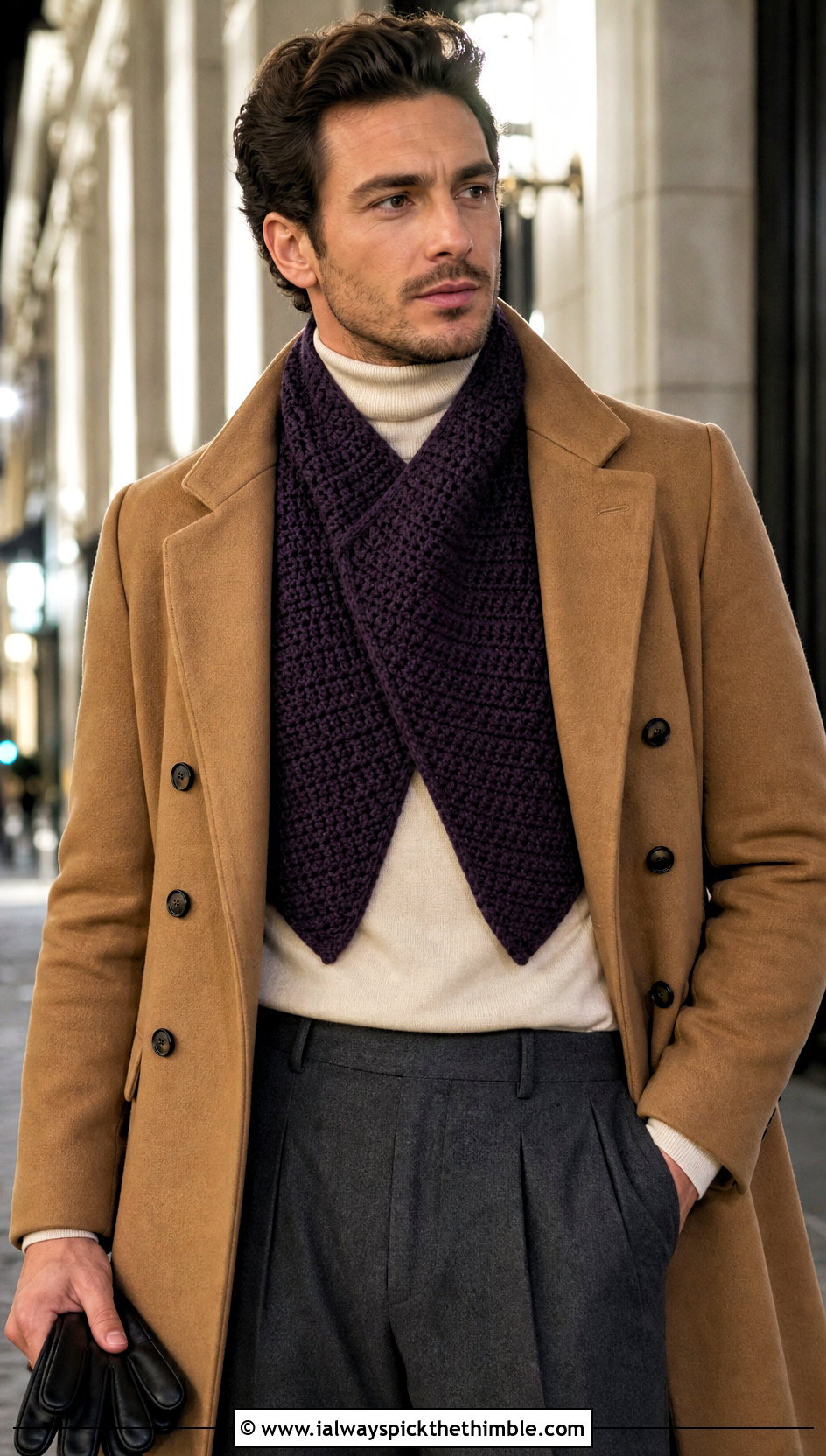 Split Front Crochet Cowl With Double Breasted Coat - 20 Men Crochet Cowl outfit ideas