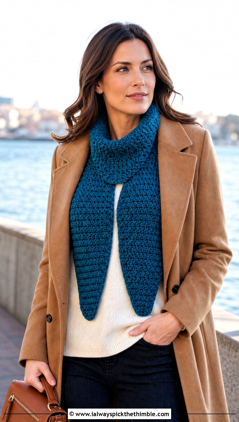 Split Front Crochet Cowl With Peacoat - 25 crochet cowl outfit ideas