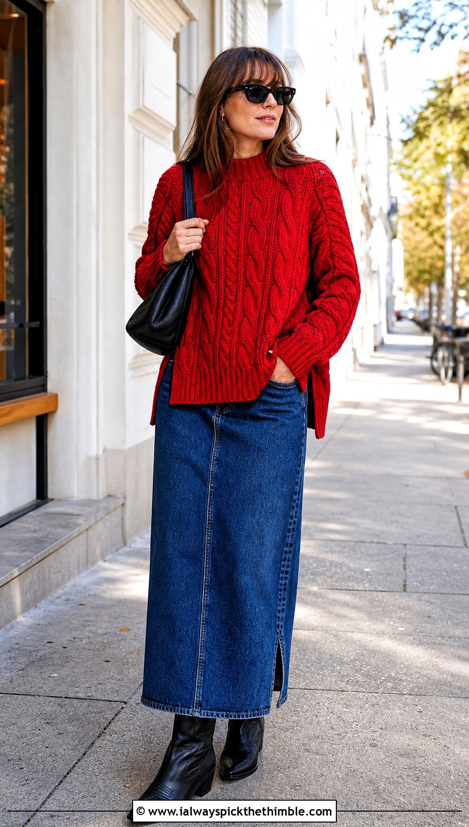 Split Hem Cable Crochet Sweater With Denim Maxi Skirt - 25 crochet cable sweater outfit ideas
