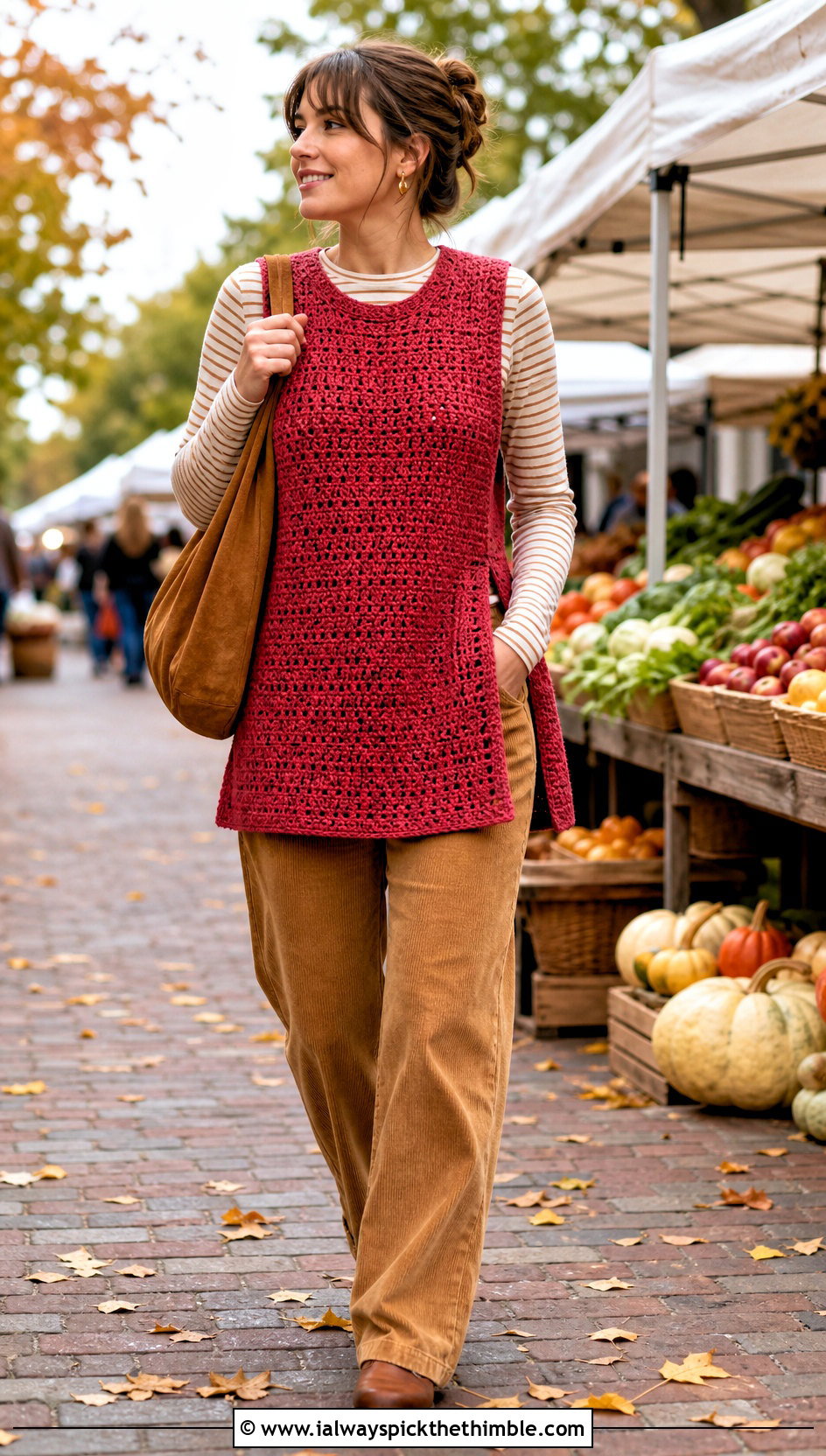 Split Hem Chunky Crochet Vest With Corduroy Pants - 20 crochet chunky vest outfit ideas