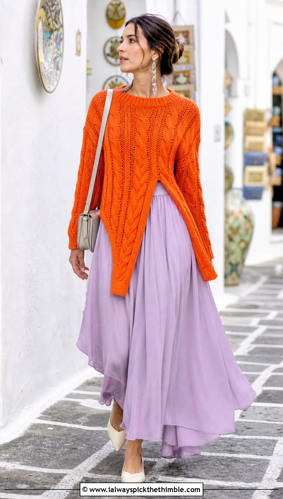 Split Hem Crochet Fisherman Sweater With A Maxi Skirt - 20 crochet fisherman sweater outfit ideas