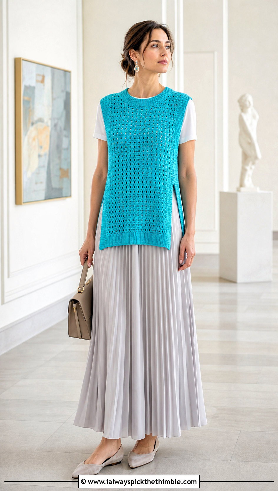 Split Hem Crochet Sweater Vest With Pleated Maxi Skirt - 20 diy crochet sweater vest outfit ideas