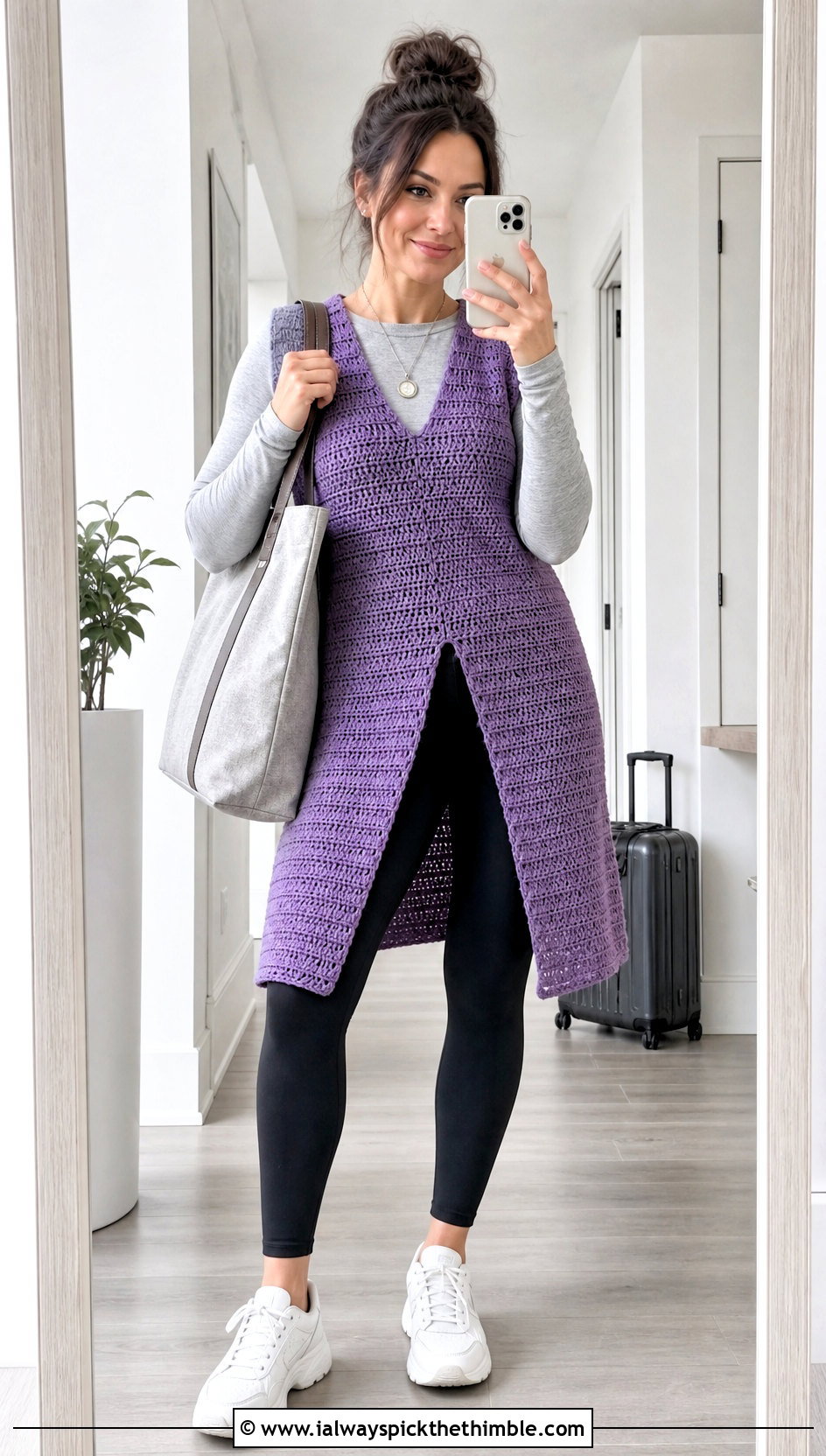 Split Hem Crochet Tunic Vest With Leggings - 15 Crochet For Ladies Vests outfit ideas