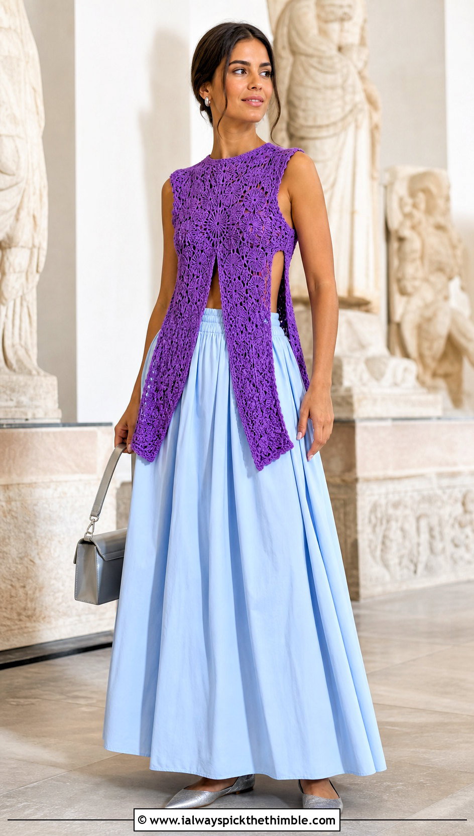 Split Hem Crochet Vest With Poplin Maxi Skirt - 25 diy crochet vest outfit ideas