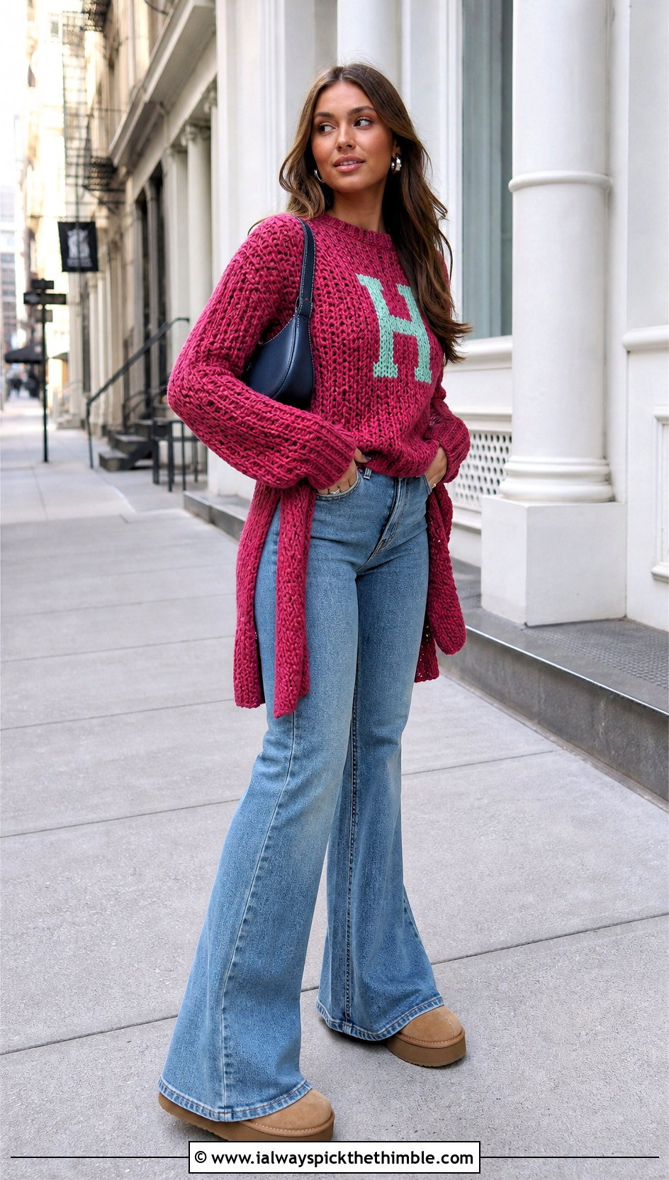 Split Hem Crochet Weasley Sweater With Flared Jeans - 25 crochet weasley sweater outfit ideas