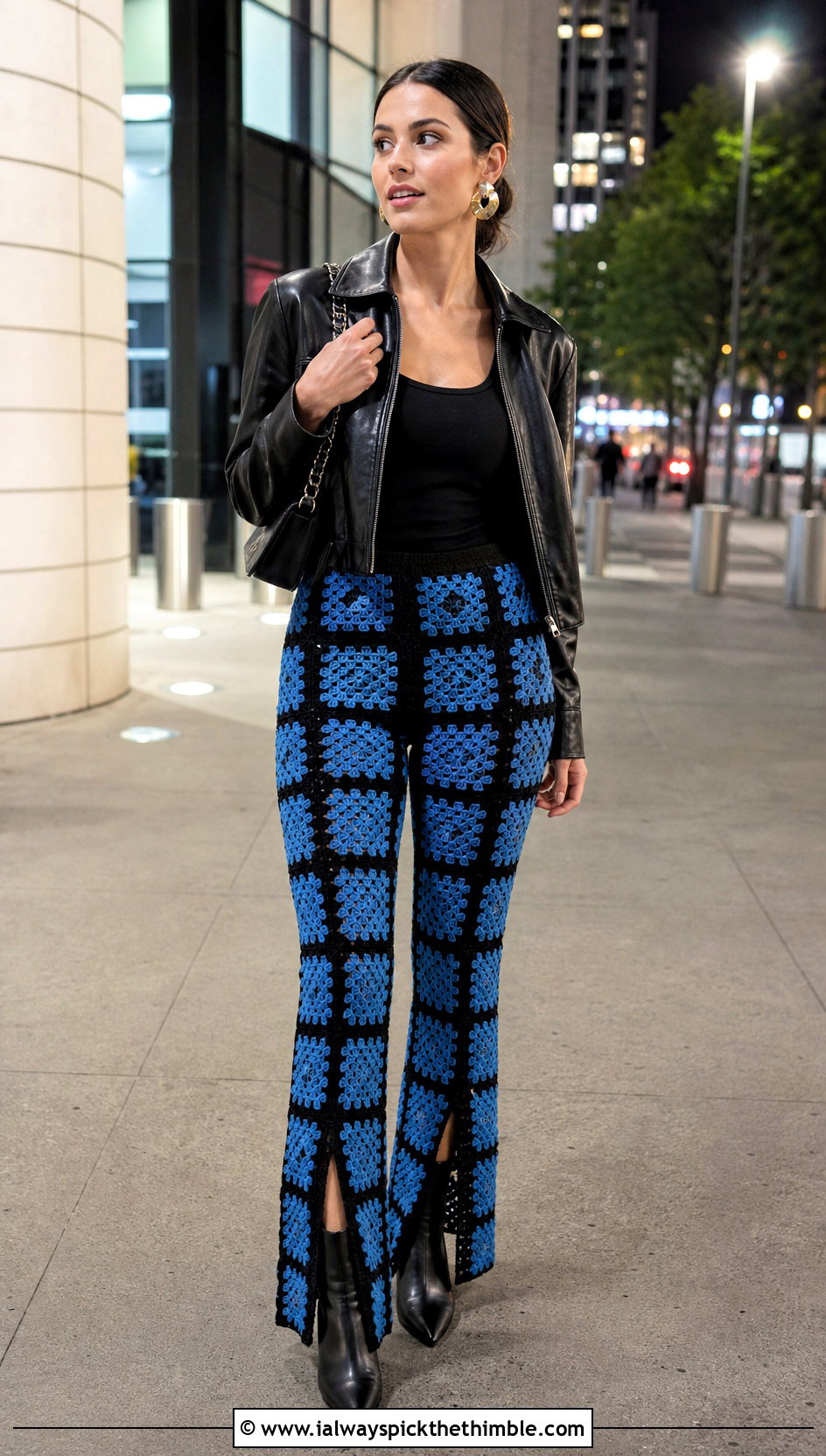 Split Hem Granny Square Pants With Leather Jacket - 25 granny square pants outfit ideas
