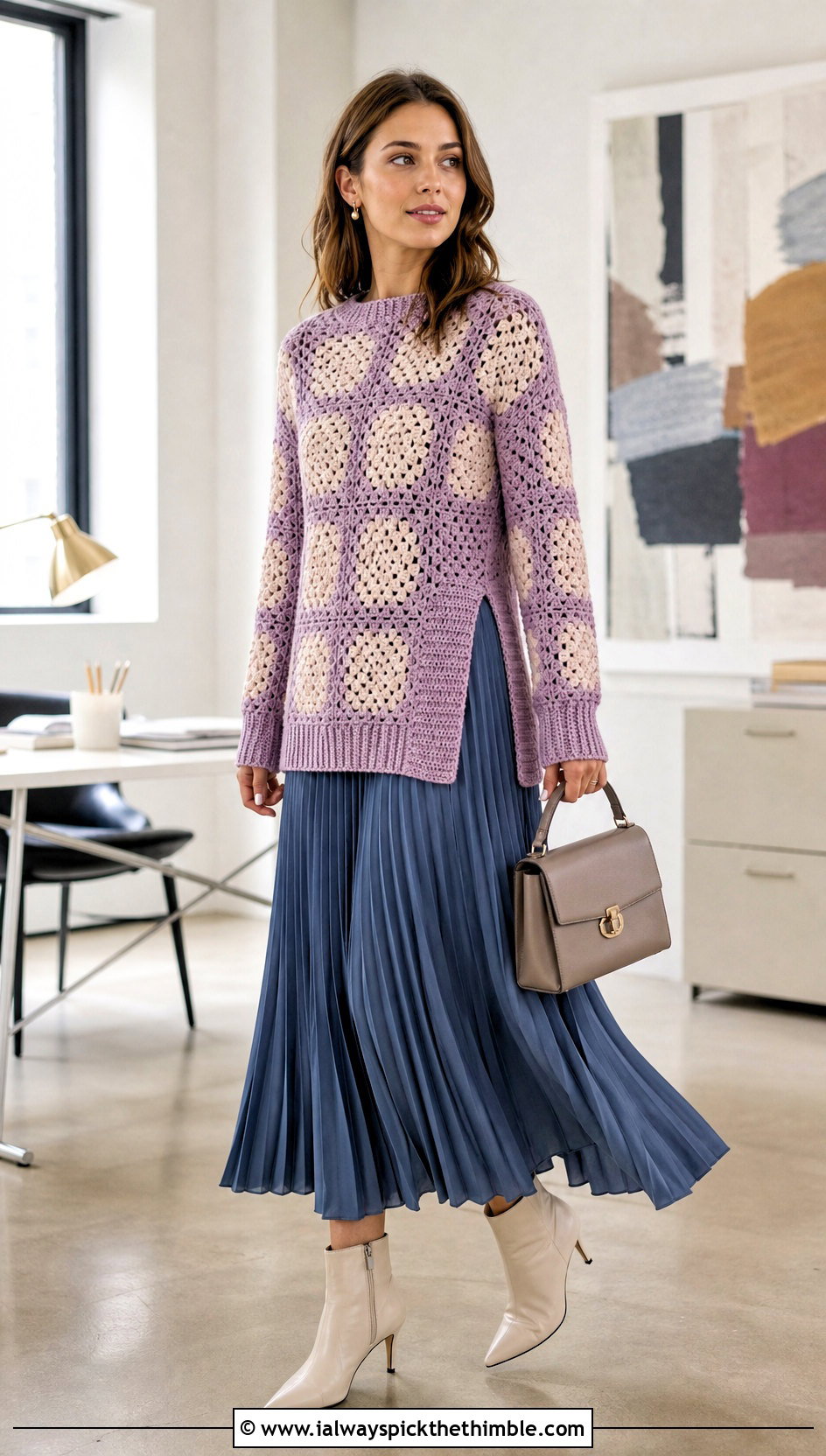Split Hem Granny Square Pullover With Pleated Midi Skirt - 25 crochet granny square pullover outfit ideas