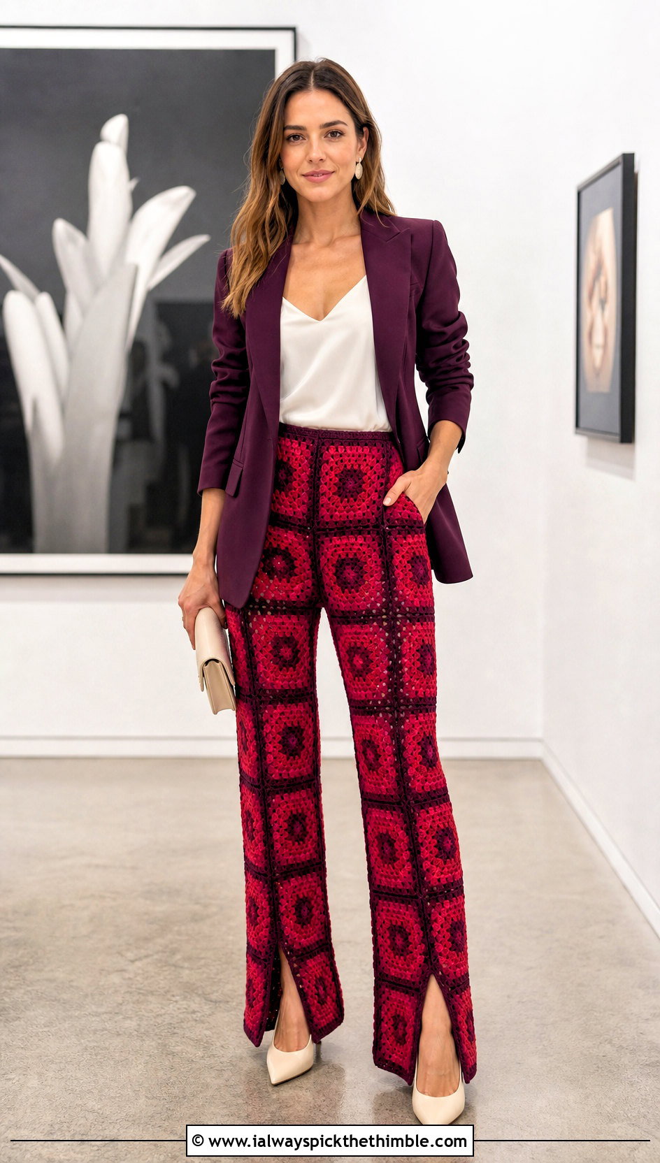 Split Hem Granny Square Trousers With Blazer - 25 granny square trousers outfit ideas