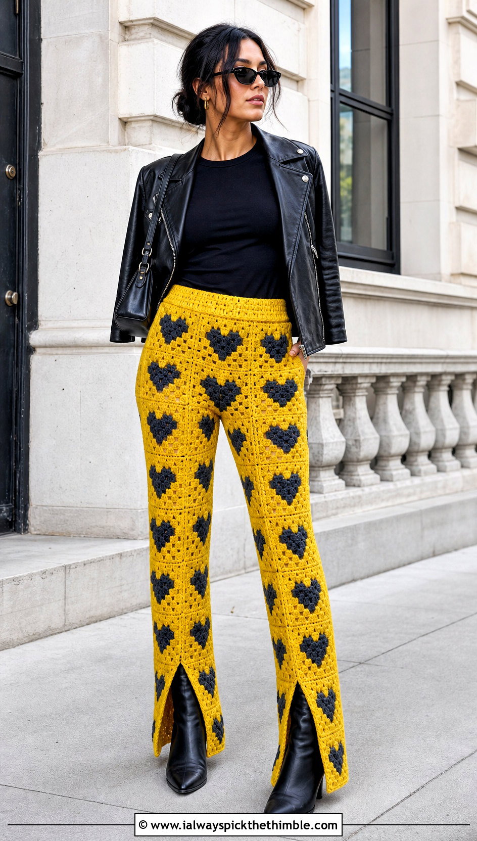 Split Hem Heart Granny Square Pants With Leather Jacket - 20 heart granny square pants outfit ideas