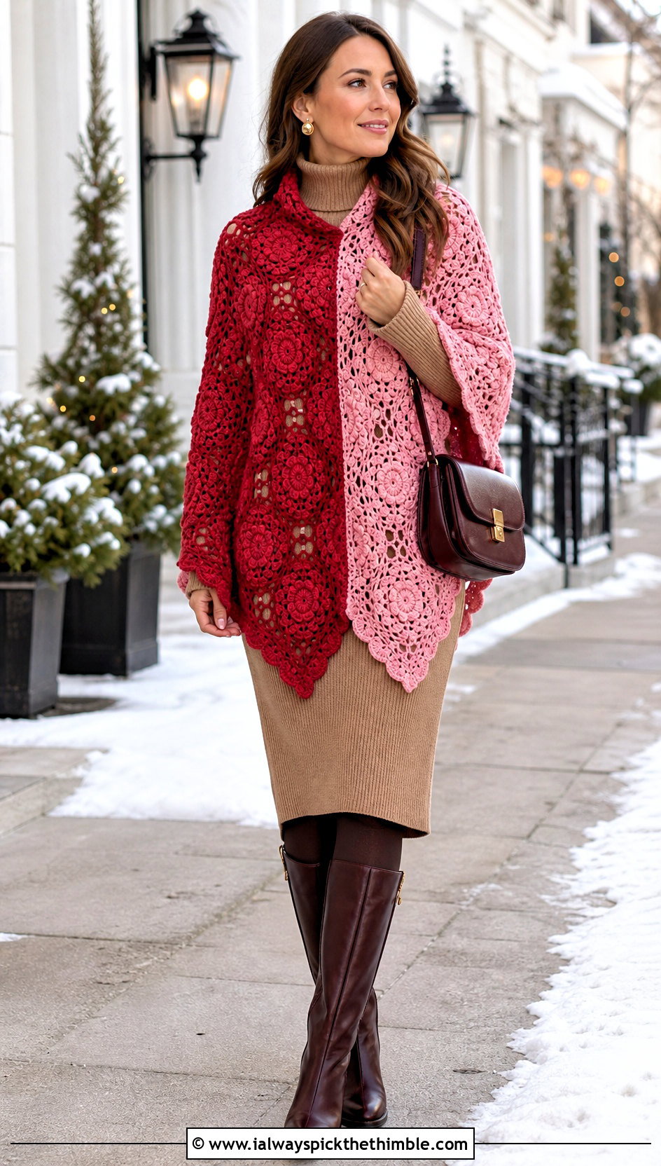 Split Hem Mosaic Poncho With Sweater Dress - 15 Mosaic Crochet Poncho outfit ideas