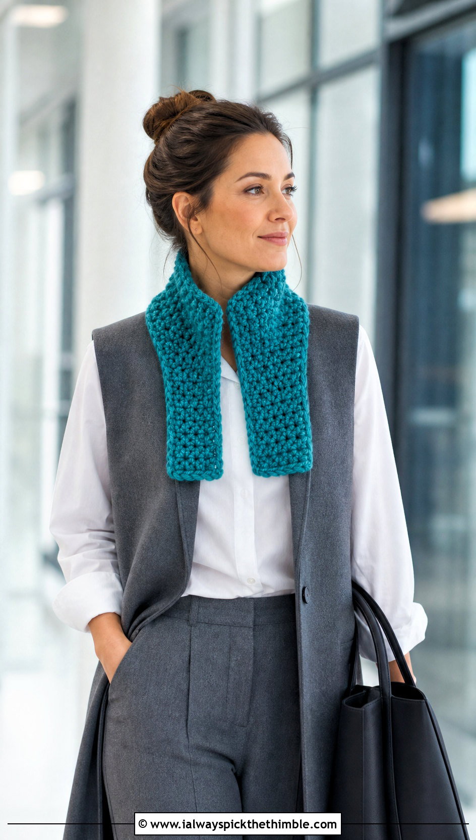 Split Neck Bulky Crochet Cowl With Tailored Vest - 20 Bulky Crochet Cowl outfit ideas