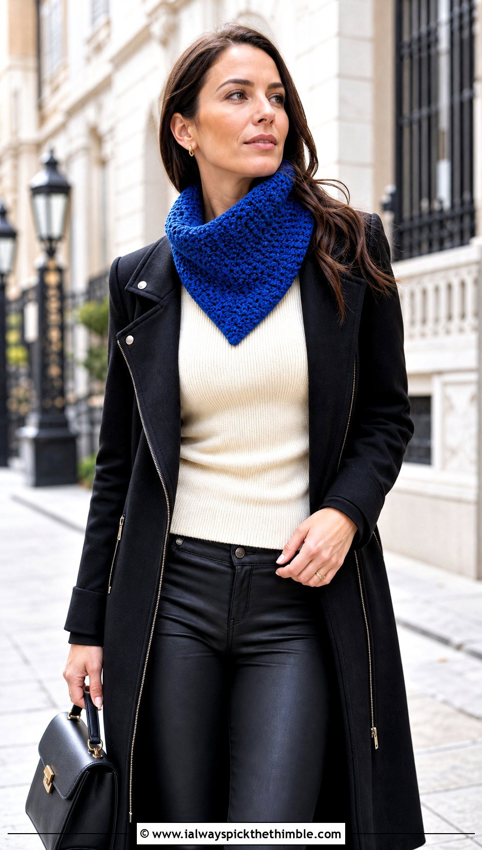 Split Neck Crochet Cowl Scarf With Moto Coat - 25 crochet cowell scarf outfit ideas
