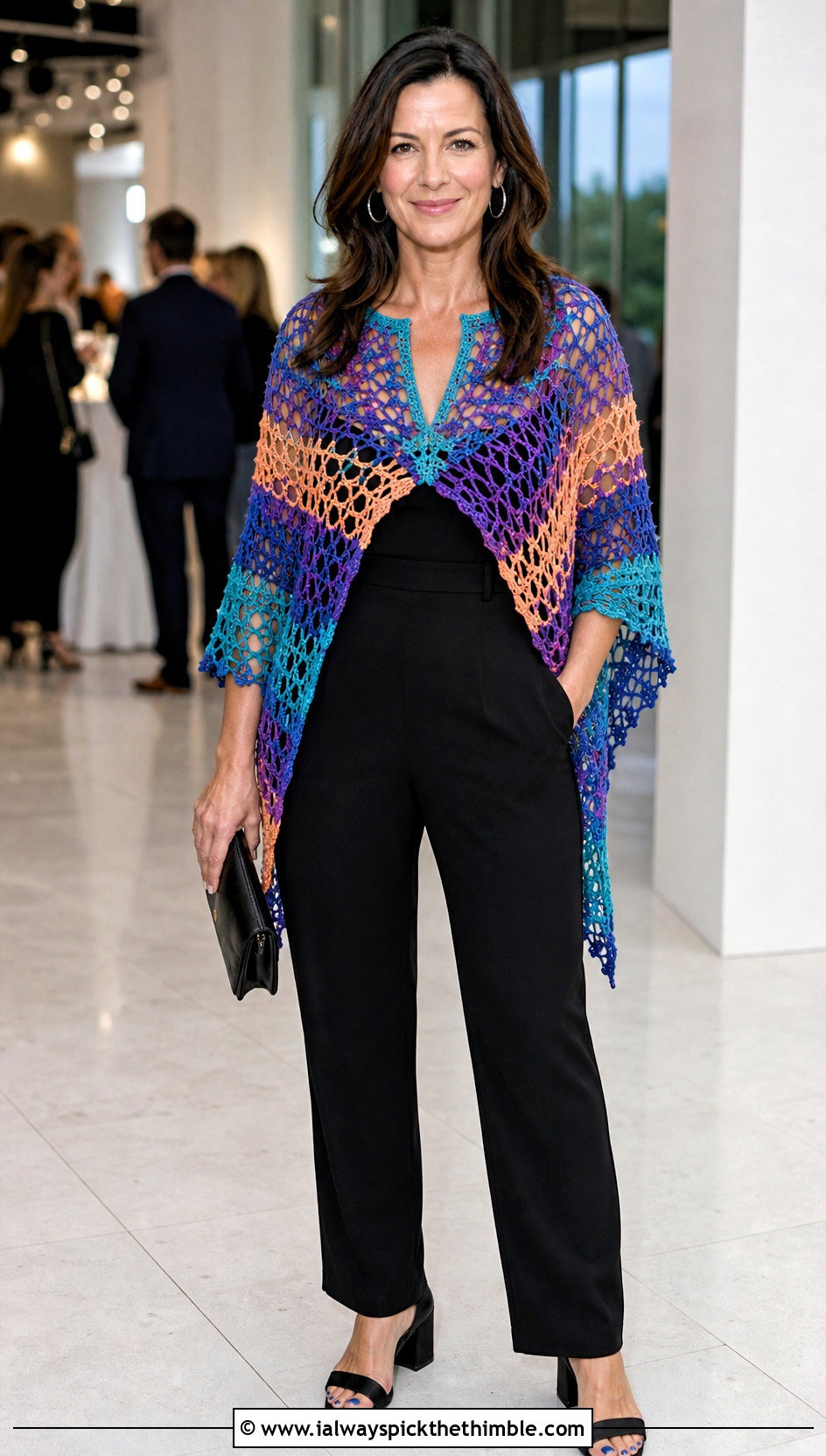 Split Neck Crochet Lightweight Poncho With Jumpsuit - 20 crochet lightweight poncho outfit ideas