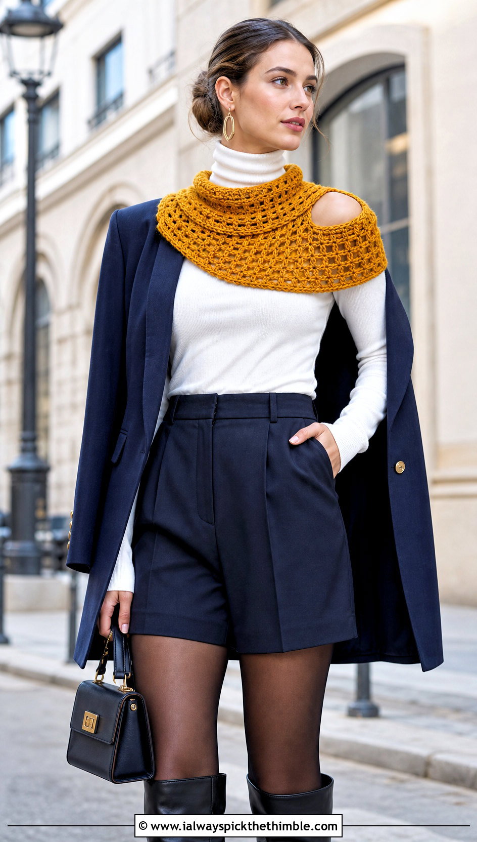 Split Shoulder Huntress Crochet Cowl With Blazer And Shorts - 15 huntress crochet cowl outfit ideas