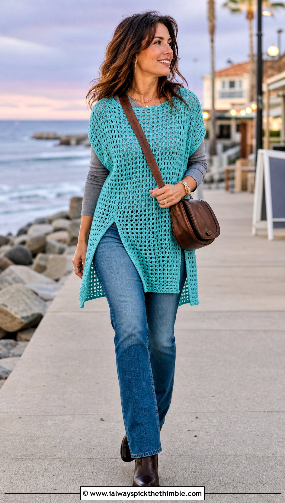 Split Side Crochet Beach Sweater With Straight Leg Jeans - 20 Crochet Beach Sweater outfit ideas