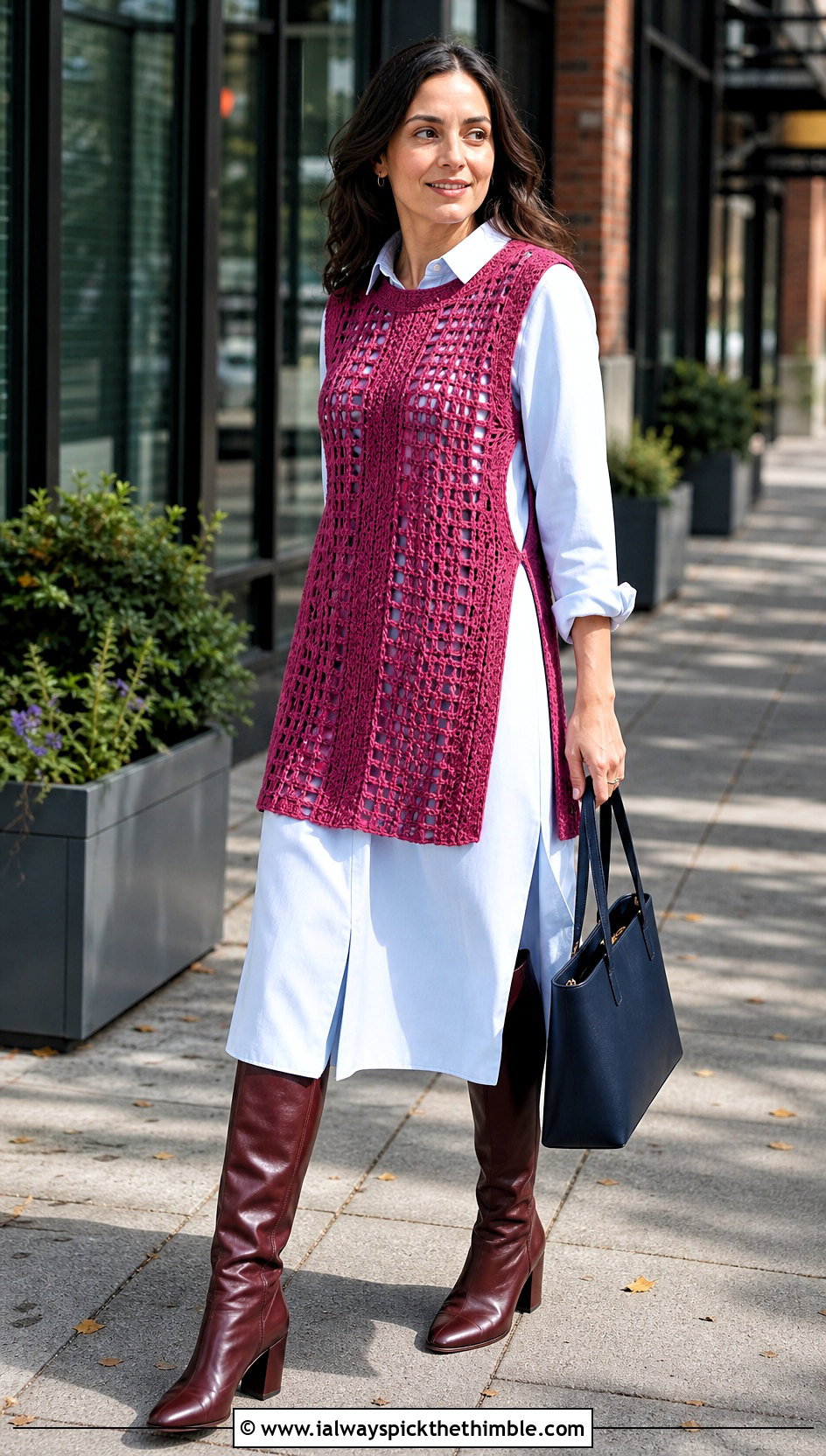 Split Side Crochet Tunic Vest With Shirt Dress - 20 Easy Crochet Vest For Beginners outfit ideas