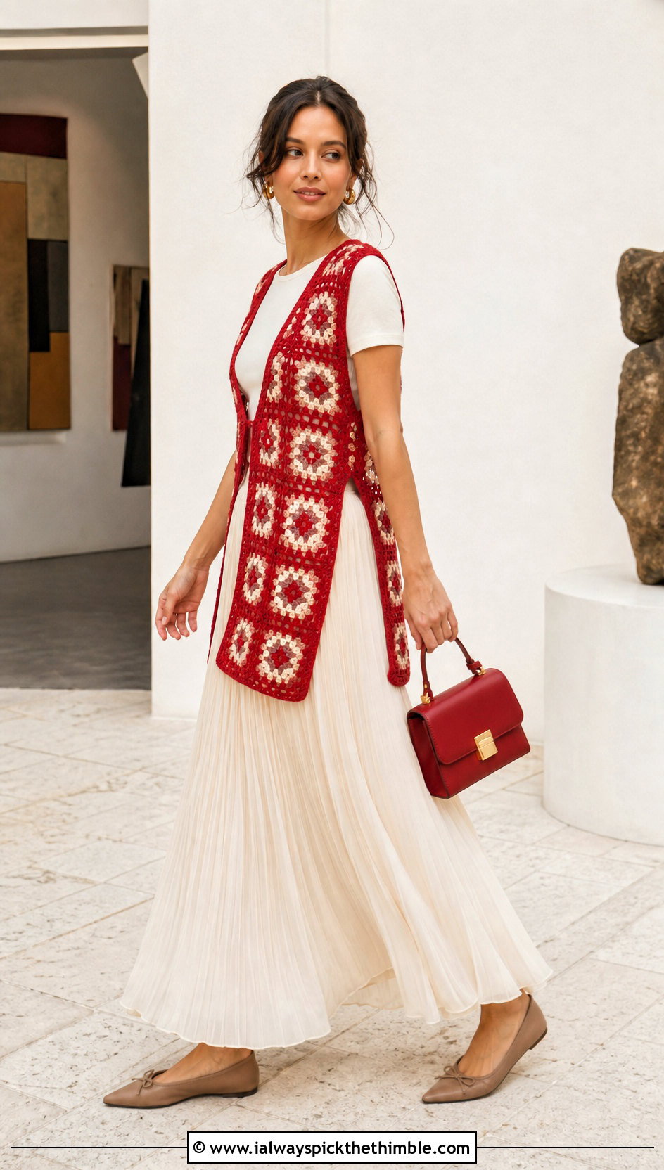 Split Side Granny Square Waistcoat With Pleated Maxi Skirt - 20 crochet granny square waistcoat outfit ideas