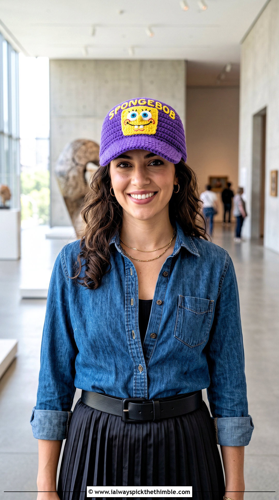 SpongeBob Crochet Baseball Cap With Denim Shirt And Midi Skirt - 15 spongebob crochet hat outfit ideas