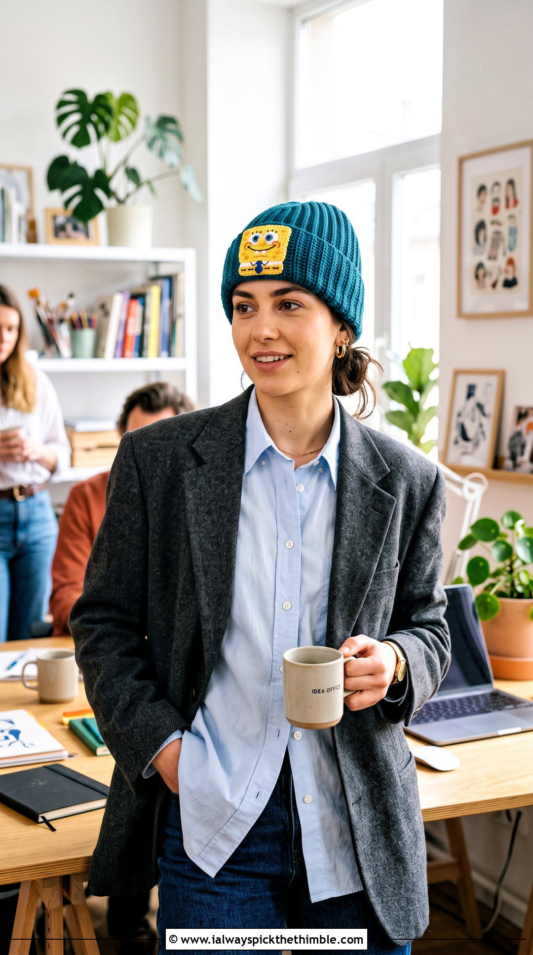 SpongeBob Crochet Beanie With Blazer And Straight Leg Trousers - 15 spongebob crochet hat outfit ideas