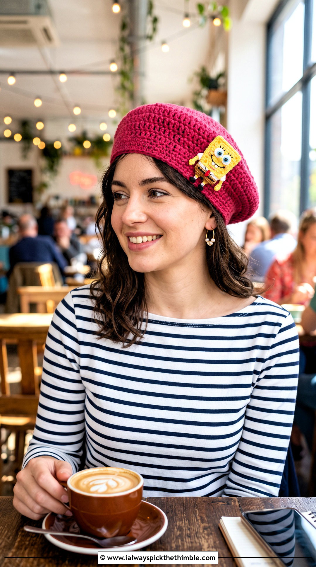 SpongeBob Crochet Beret With Striped Top And Tapered Pants - 15 spongebob crochet hat outfit ideas