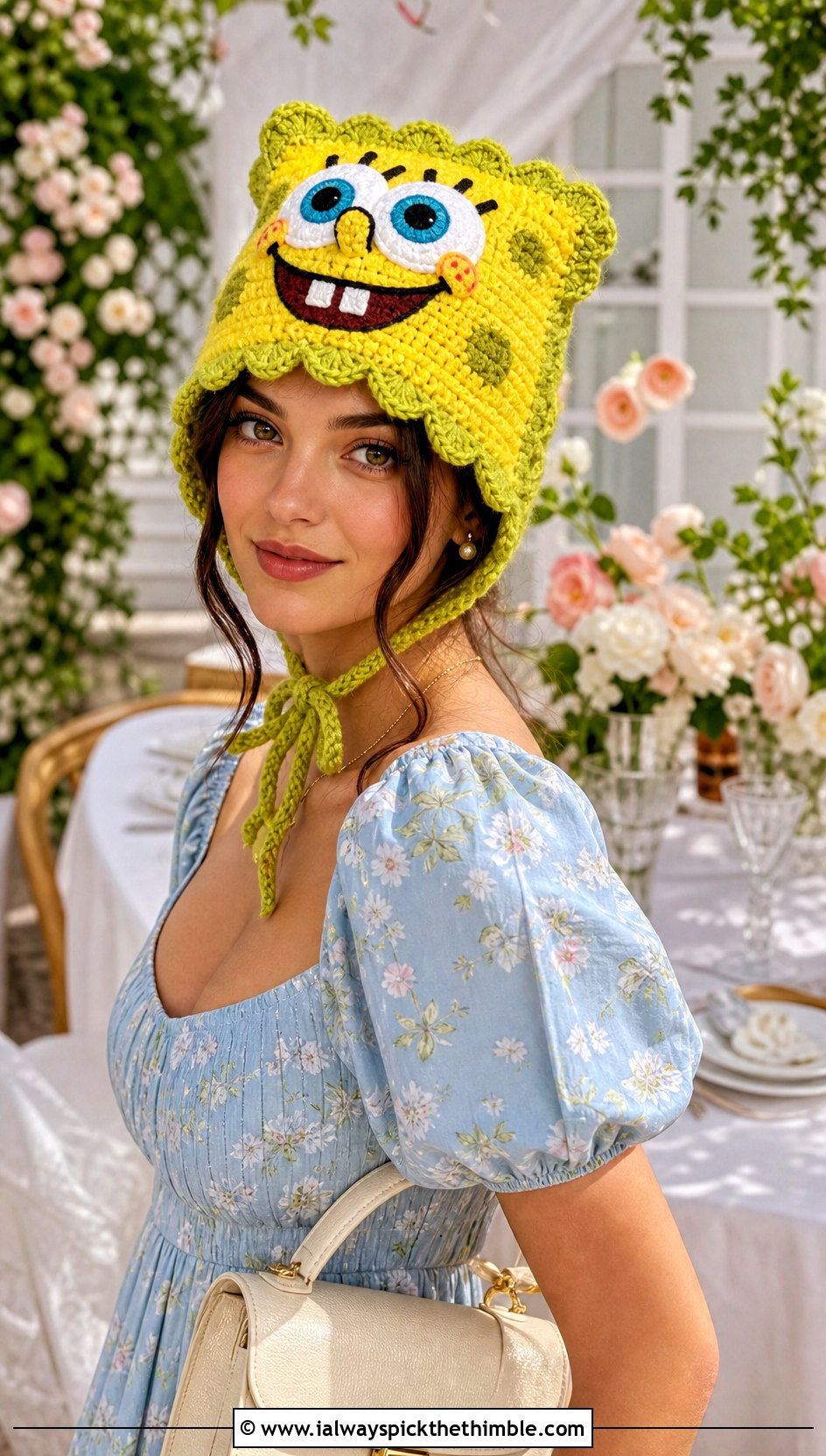 SpongeBob Crochet Bonnet Hat With Floral Midi Dress - 25 crochet spongebob hat outfit ideas