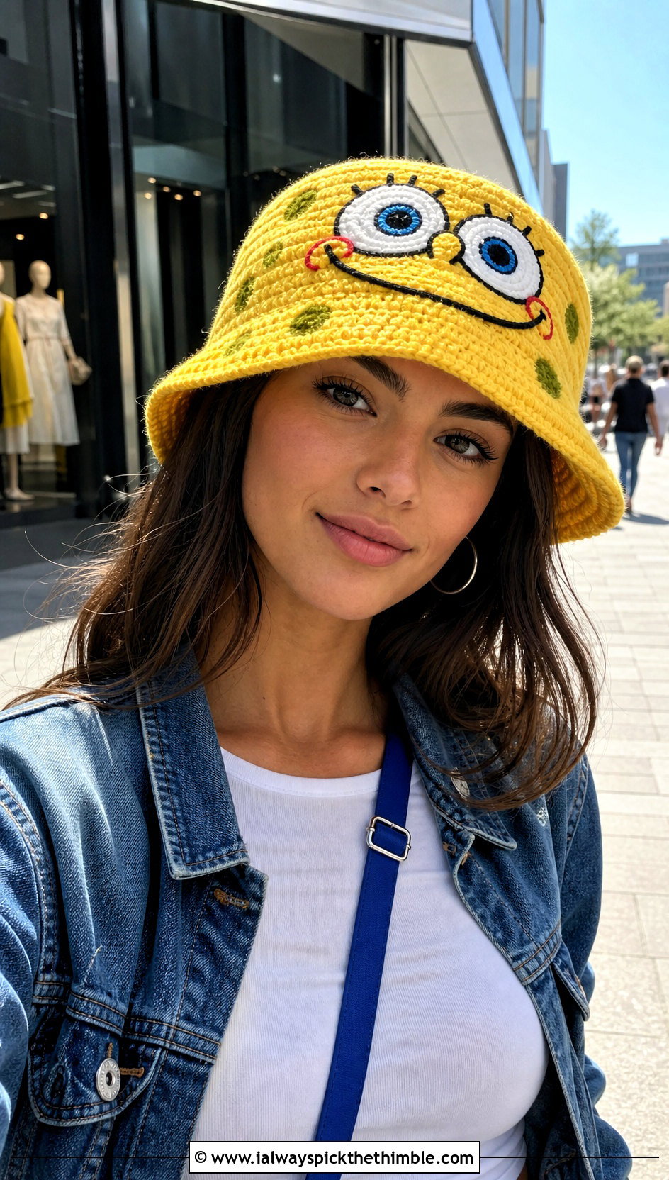 SpongeBob Crochet Bucket Hat With White T Shirt And Jeans - 25 crochet spongebob hat outfit ideas